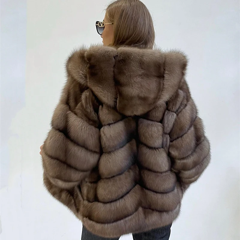 Natural Mink Color Hooded Fox Fur Coat Women Streetwear Casual Loose Cozy Outertwear Genuine Luxury Real Fur Jacket Female