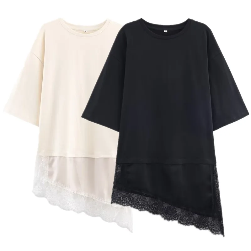 الدانتيل ort Sve جولة Ne المرأة تي شيرت غير المتكافئة هيم الربط تصميم شتاء جديد وصول Faion فضفاضة تناسب السيدات #5