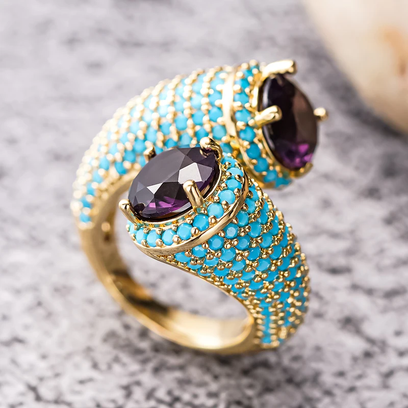 Huitan Bohemia Blaue Türkisringe für Frauen Luxuriöse Charmante Lila Kubische Zirkonia Goldfarbene Ringe Täglicher Party-Schmuck Geschenk – Detail 5