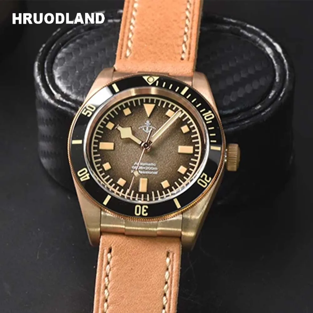 Hruodland Luxury Fashion Bronze Automatic Mechanical Men\'s Wristwatch PT5000 Sapphire Leather Diver Luminous reloj hombre watch