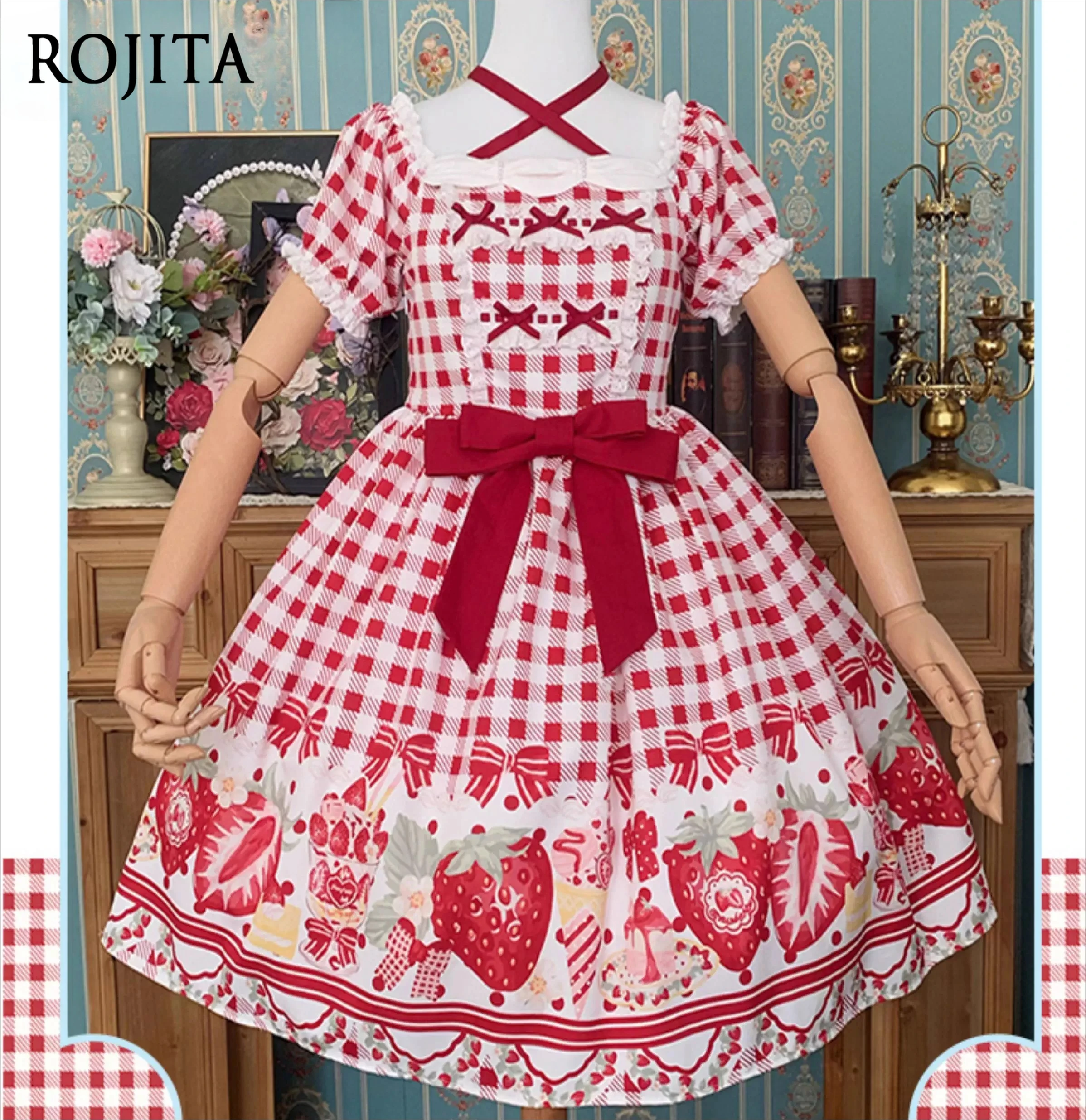 

Original Plaid Strawberry Print Lolita Dress Women 2025 New Vintage Daily Light Lolita Pastoral Style Princess Dress