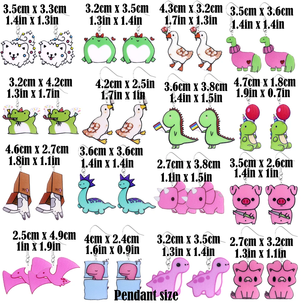 Cartoon animal earrings, acrylic cute and funny dinosaurs, ducks, cats, and dogs