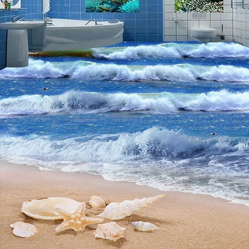 Customized Photo 3D Floor Mural Sea Wave Beach Starfish Bathroom 3D Tiles Self-Adhesive Wallpaper Living room background bedroom