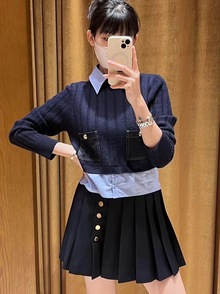 

SIVOS High-End European Sle Women's Knitted irt Collar Patchwork Top Vintage Commute Sle Long Sve Collar