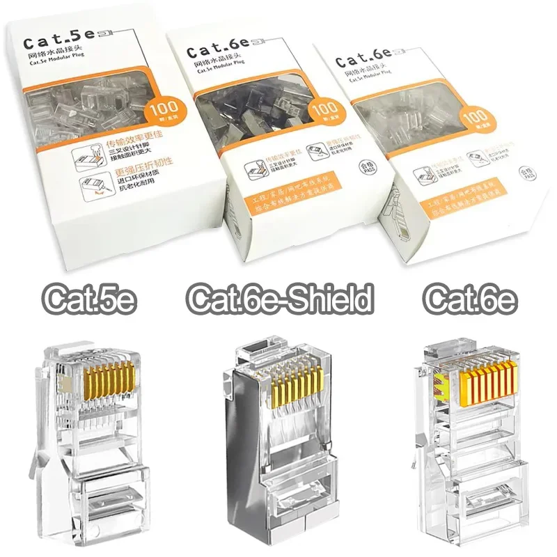 For Gigabit Ethernet Cable 100Mbps 1000Mbps 100Pcs/Set Network Plug Gold Plated Crystal Head RJ45 Connector