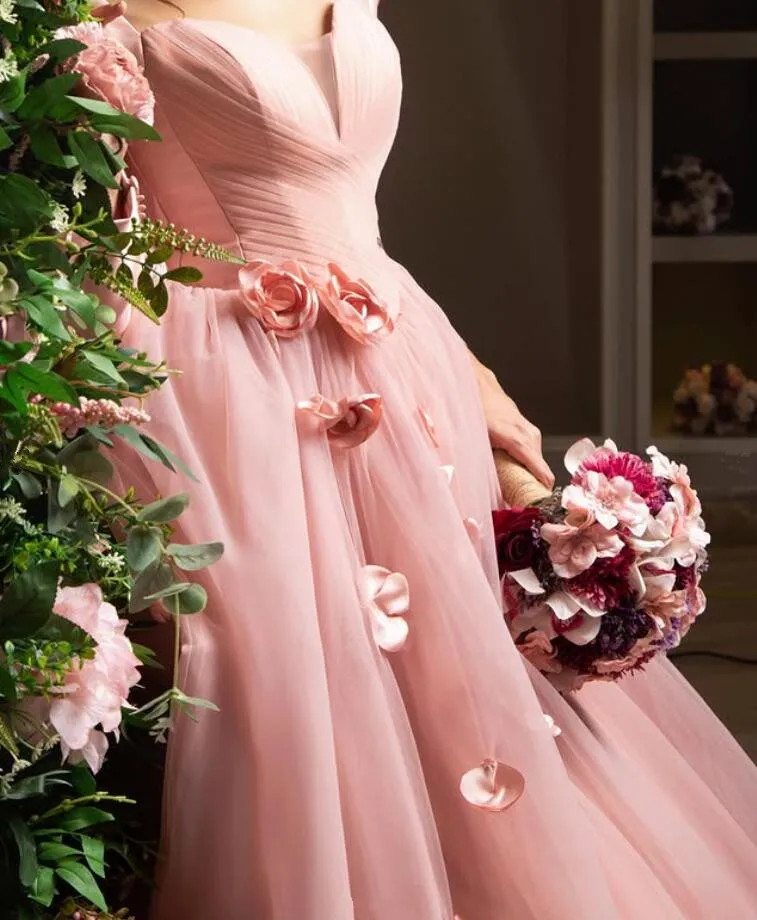 Blush Pink Saudi Prncess Evening Formal Dresses Long Sleeve Off Shoulder Customsized Arabic 3D Floral Prom Gown Garment