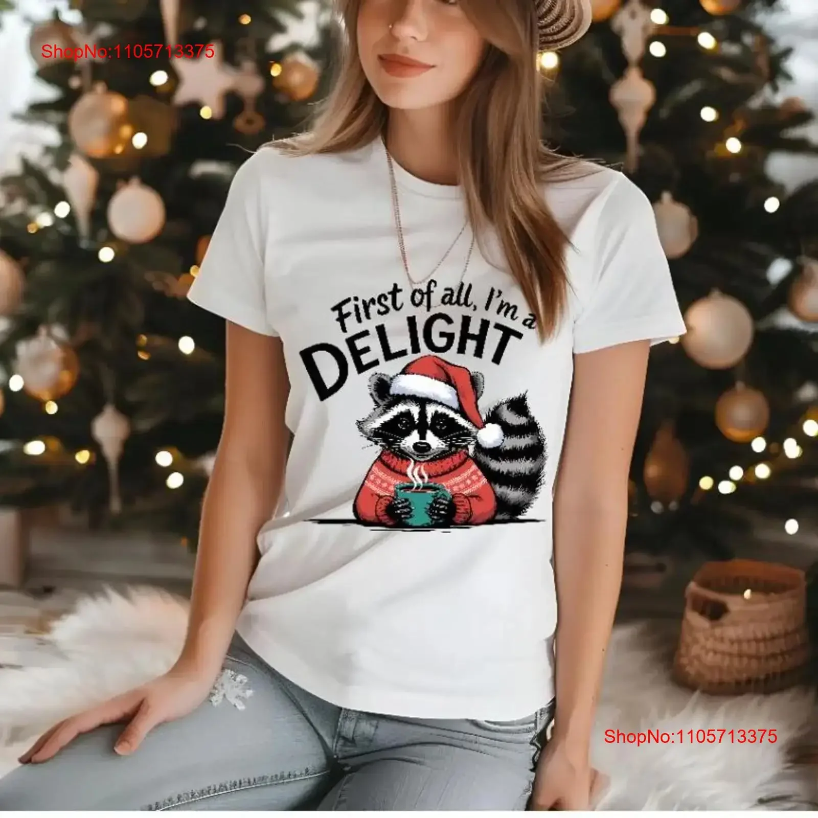 First Of All I'm A Delight Raccoon Christmas T Shirt Holiday Santa Hat Racoon Funny Feral Animal vintage Washed Unisex