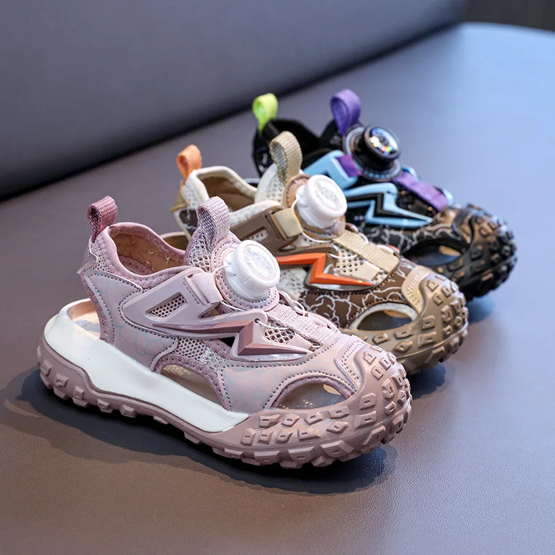 Students Sports Sandals Non-slip Soft Sole Kids Running Shoes Rotating Button 2025 Summer New Children Casual Sneakers Trendy