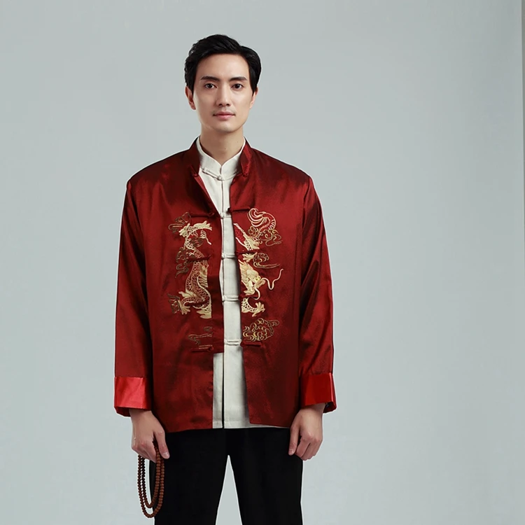 Traditional Chinese Style Embroidery Dragon Hanfu Blouse Tang Suit Men Kung Fu T Shirts Tops Jackets Cheongsam New Year Coats