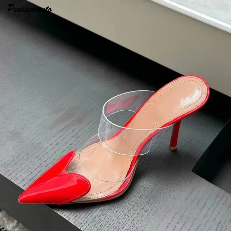 

Elegant Pointed Toe Transparent PVC Heart High Heels Mules Slipper Shoes Women 2025 Black White Red Shoes Luxury Designer Pumps