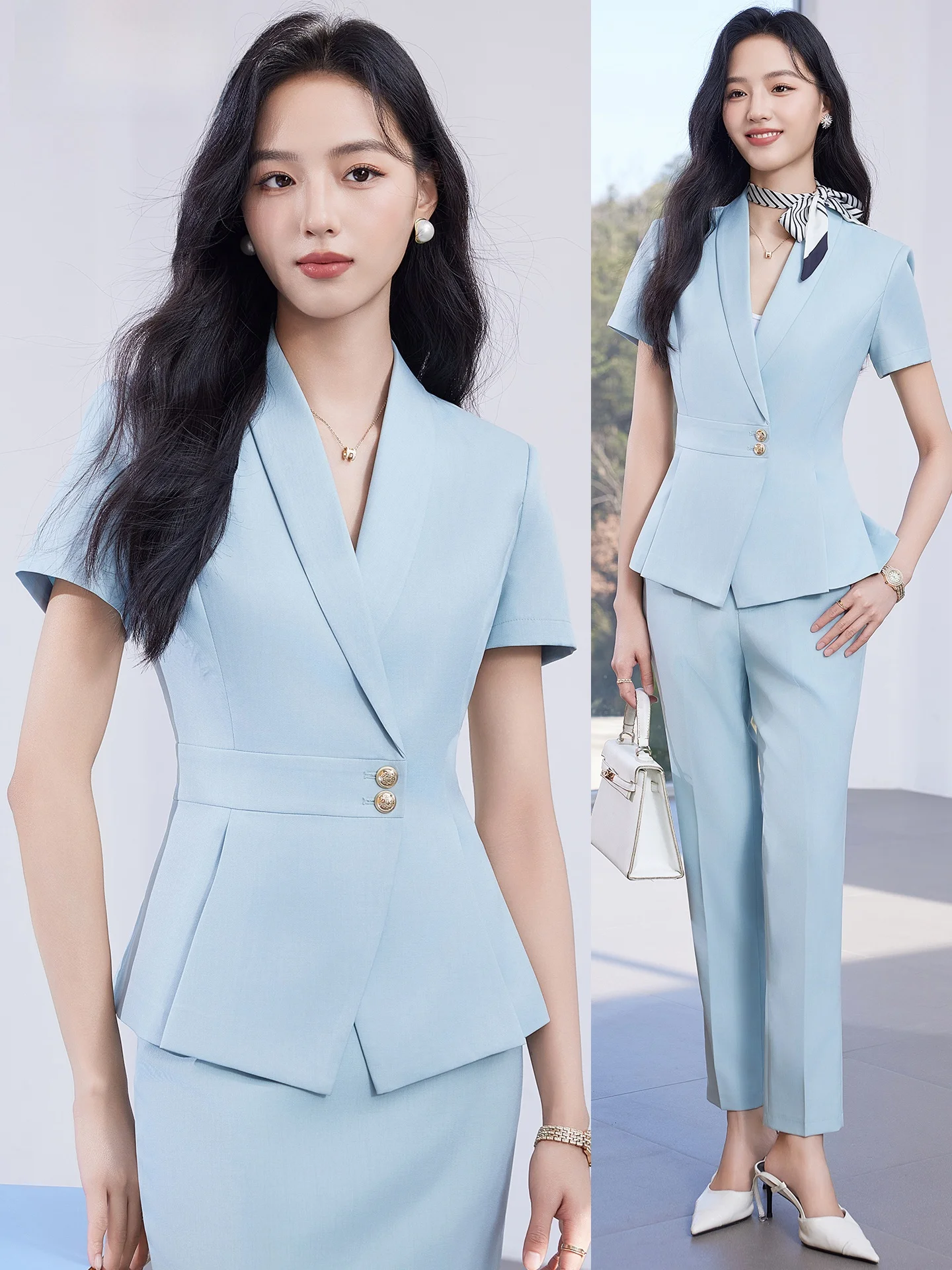 Summer Short Sleeve Suit Set Women's Waist-Cinching Slimming Formal Workwear Front Desk Reception Uniform High-end Hotel Manager