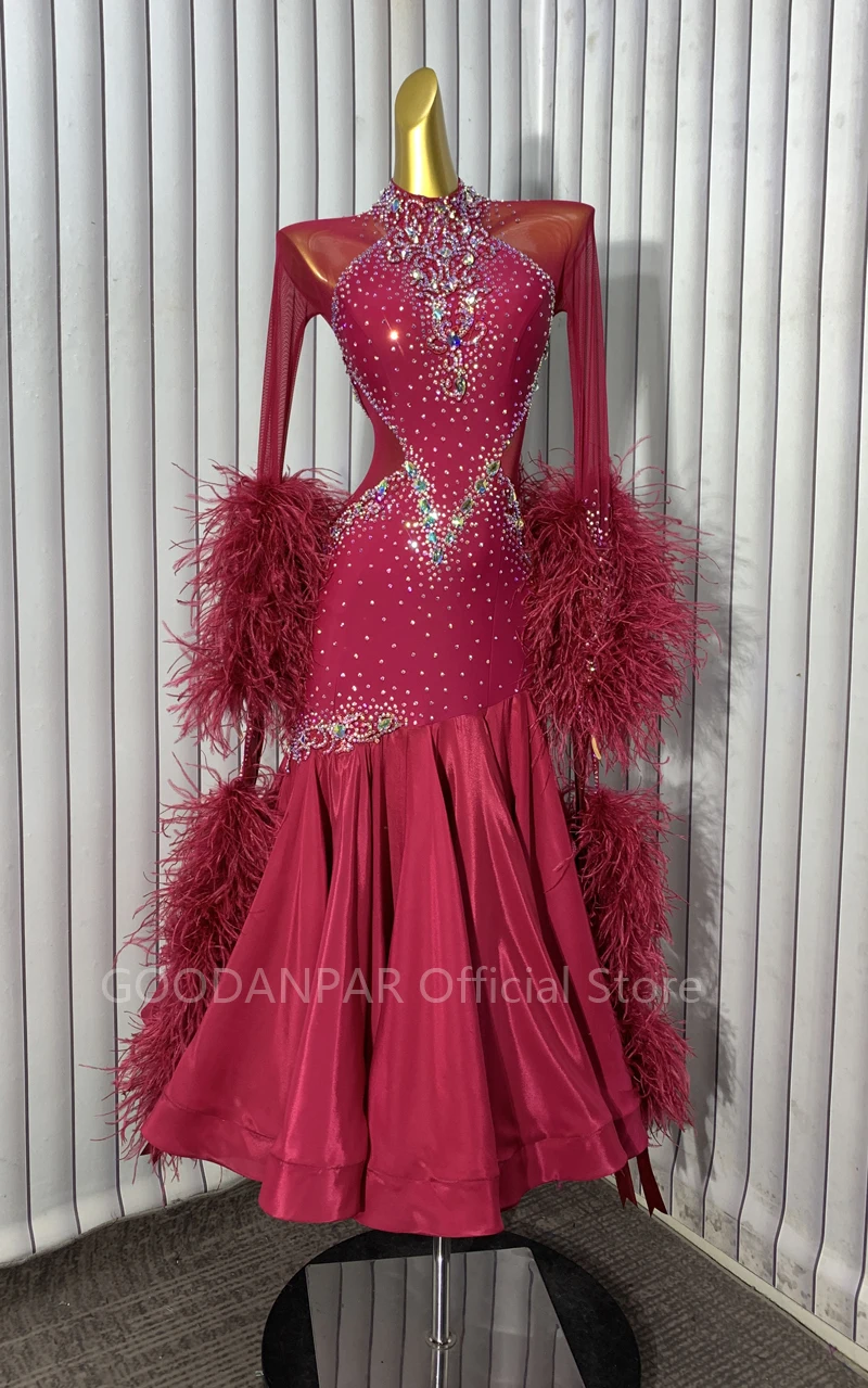 Ballroom Dance Dresses Costumes Waltz Dress Standard ostrich feather Modern dance dress stage dancewear  Long Sleeve