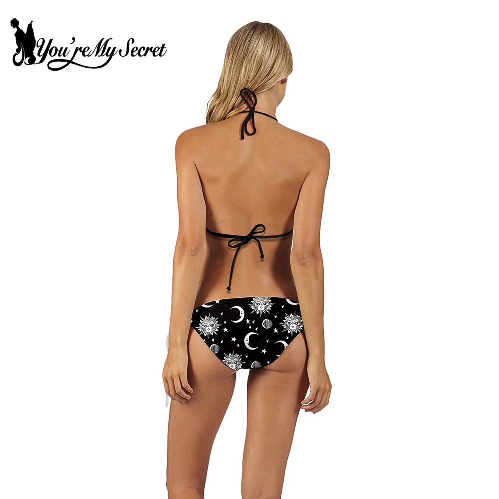 [You're My Secret] Gothic Print Black Bikini Set Summer Sexy Backless Swimwear Women's Low Waist Swimsuit Vacation Bathing Suit