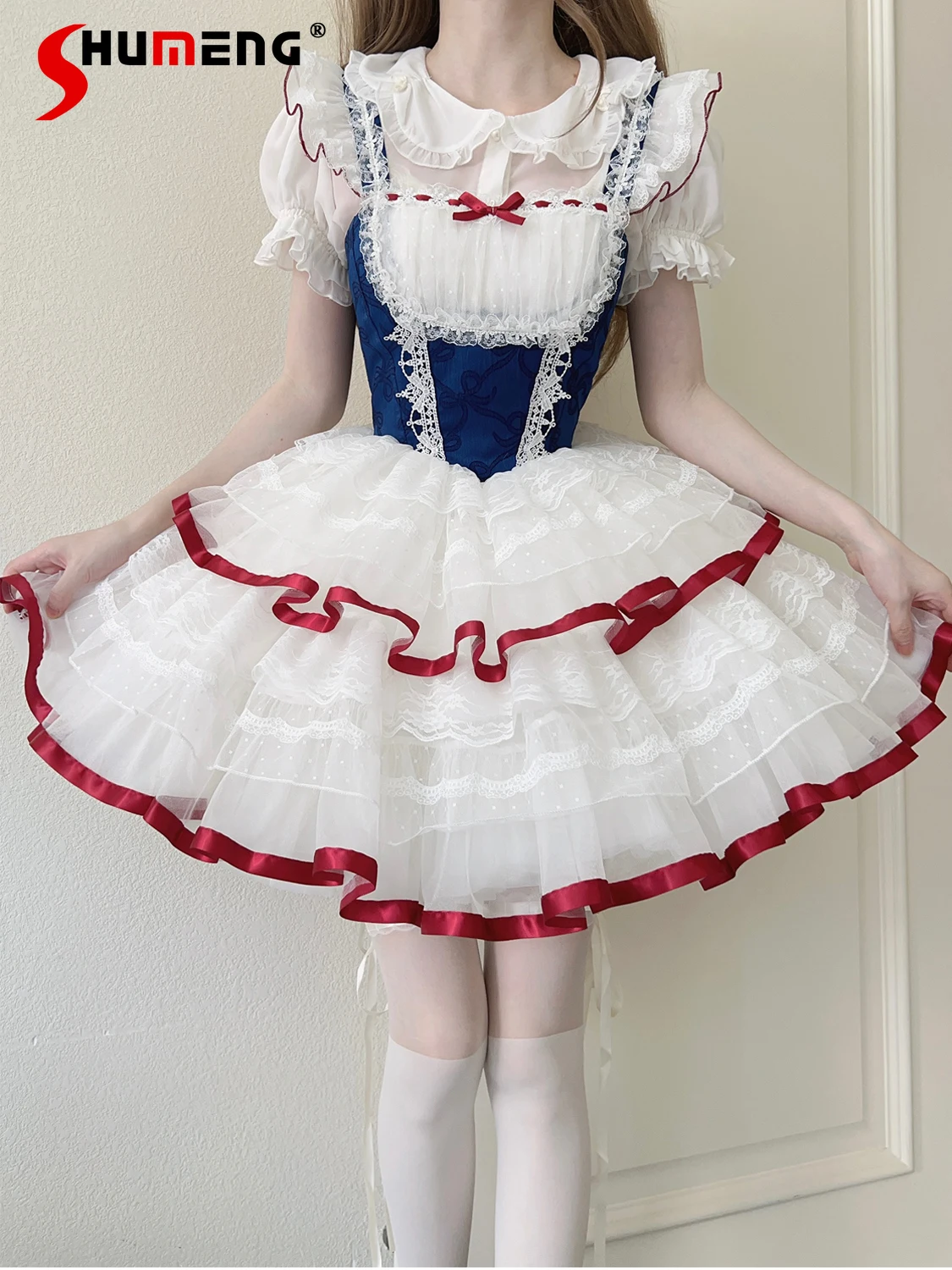 

Japanese Sweet Cute Princess Birthday Puffy Dress Square Neck Sleeveless Lace Bow High Waist Lolita Jsk Sling Mini Dress Women