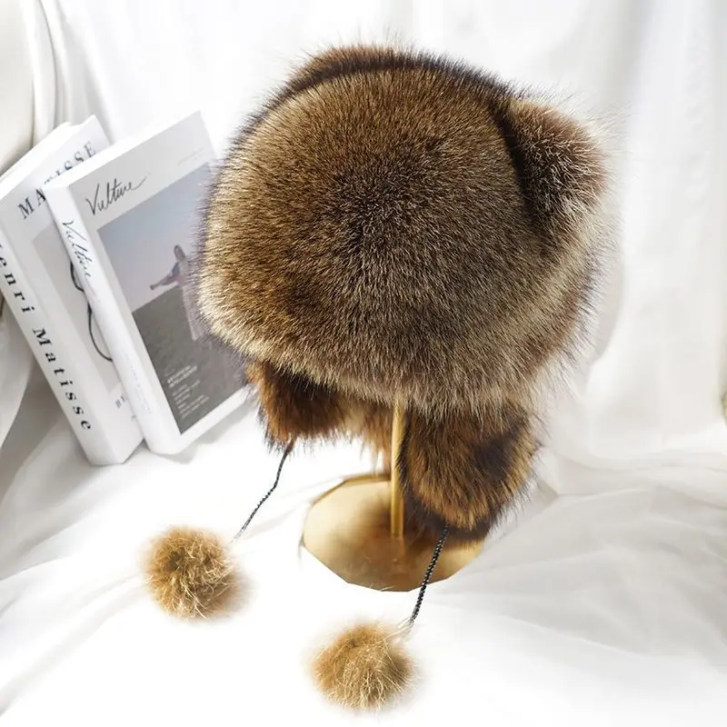 Winter Thick Warm Women Outdoor Snow Earflap Hats Fluffy Faux Fur Bomber Hat Cat Ears Balls Trapper Hat Ushanka Russian Hats