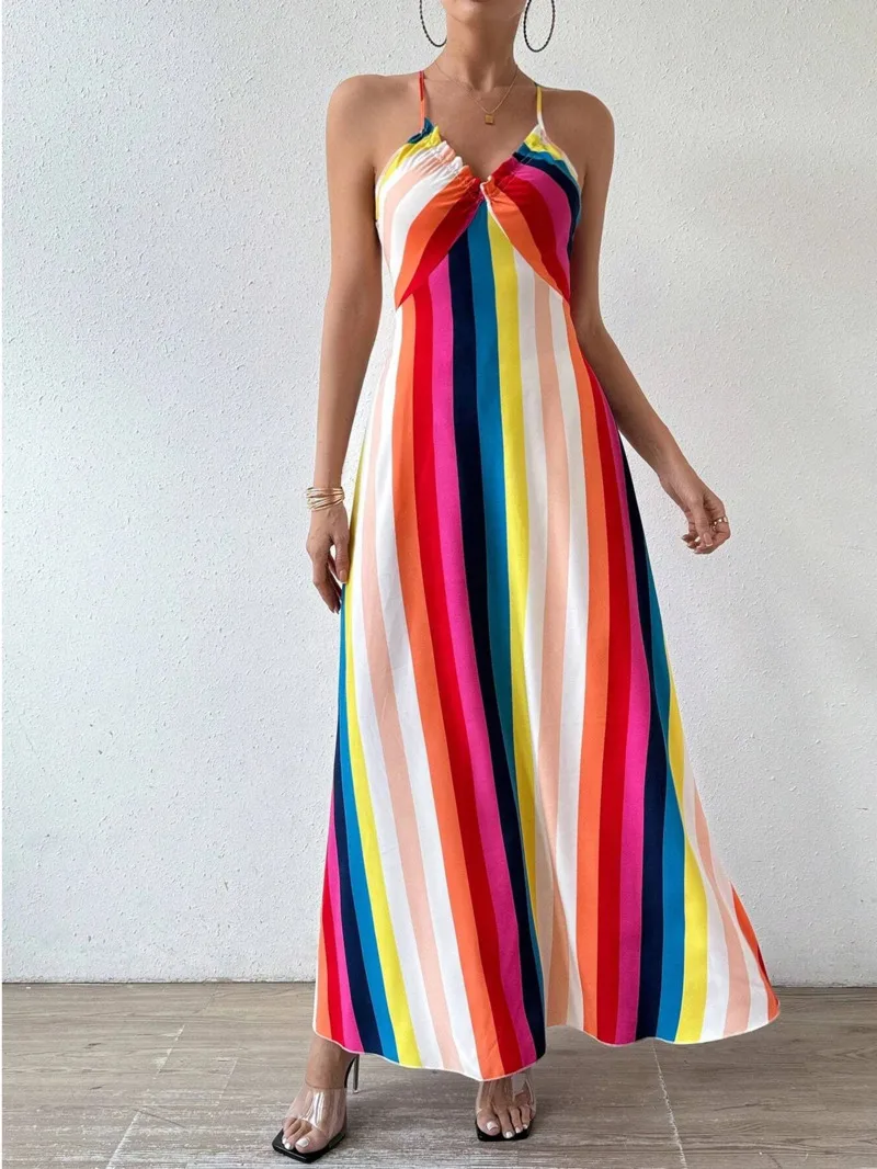 Women's Summer Ethnic Pattern Backless Split Thigh Dress Ladies Summer Clothes Boho Fashion Frill Trim Long Dress For Beach TRX8