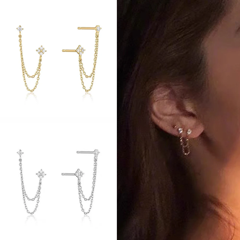 1pc Tragus Piercing Earrings For Women Minimalism Dainity Gold Color Tassels Chain Double Stud Cartilage Jewelry Gifts KDE203