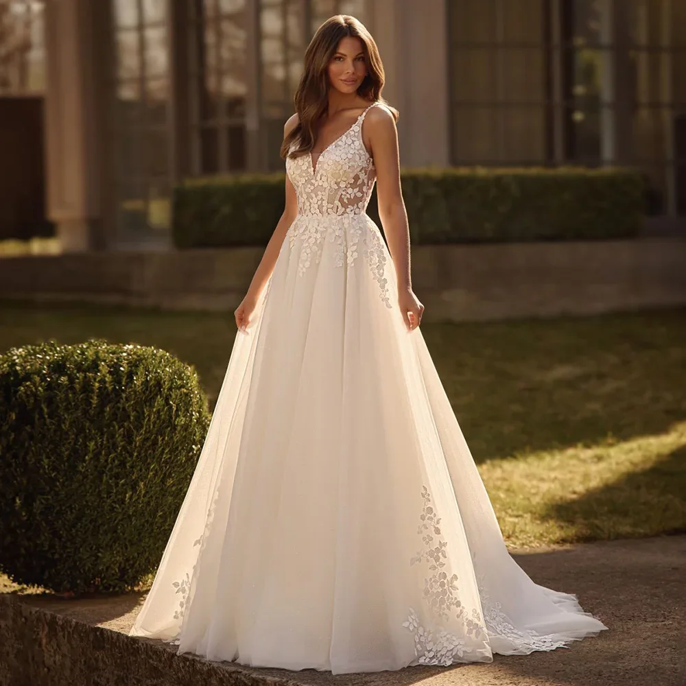 ONE LIFE Boho Wedding Dress Customized Spaghetti Straps V Neck Beading Applique Back Zipper Sweep Train Bridal Gown for Bride