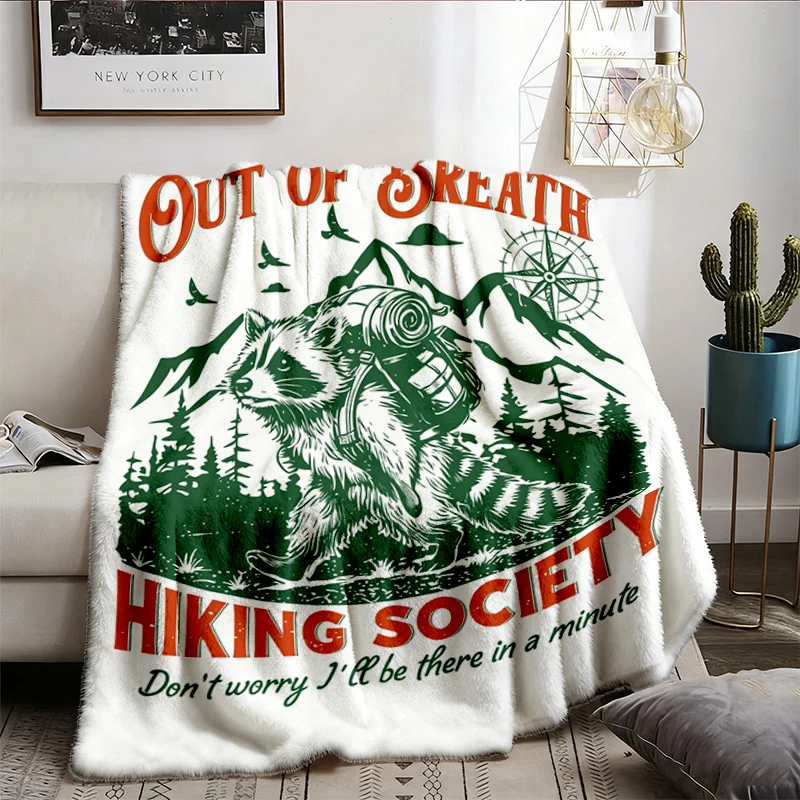Out of Breath Hiking Society Flannel Blanket, Hiking Raccoon Flannel Throw