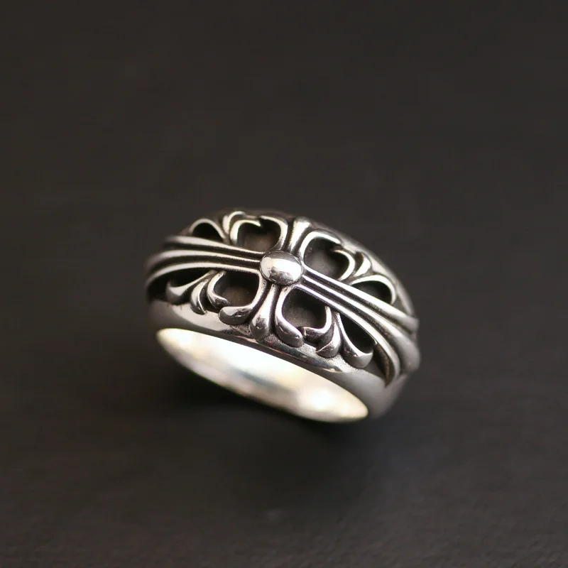 Anel Fechado de Prata Pura 925 com Cruz e Flor, Estilo Punk Moderno, Joia da Moda, Lançamento da Marca One Old Silver Smith, ...