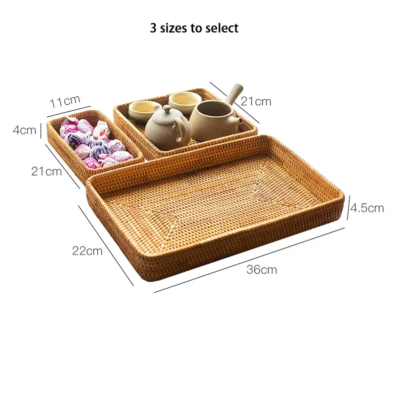 Handwoven Rattan Storage Basket Square Wicker Tray Picnic Basket Bread Food Plate Fruit Cake, Sundries Box, Home Desk Decoration view 6