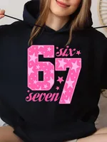 Pink Star Pattern 67 Six Seven Print Hoodie  Female Sweatshirt Loose Streetwear Crewneck Autumn Winter Clothes Women Pullover