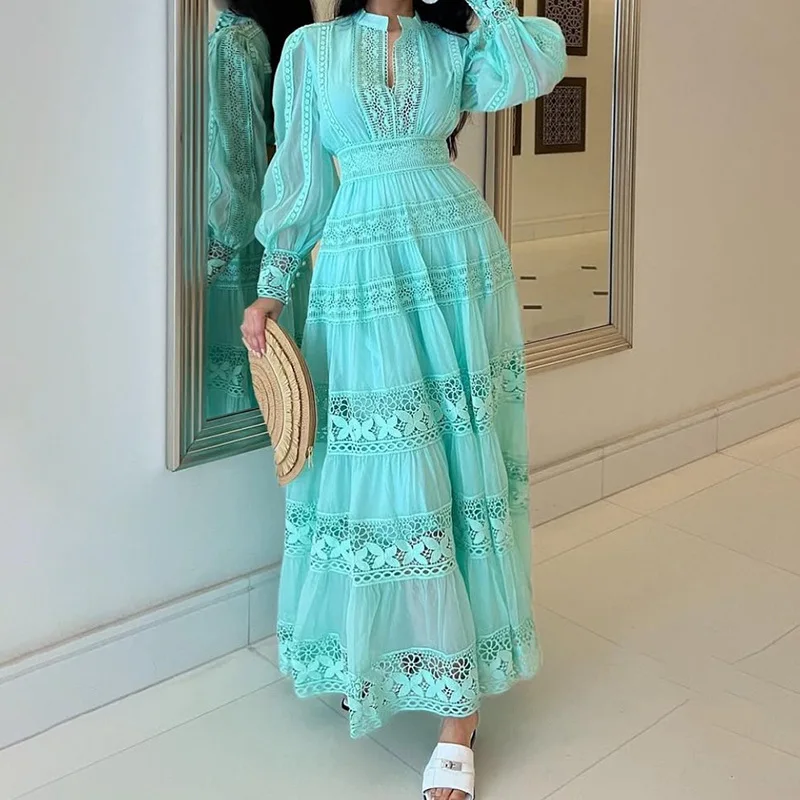 

French Elegant Retro Style Cinched Slimming Long Dress 2025 New Design Sense Embroidered Lace Long Dress Women