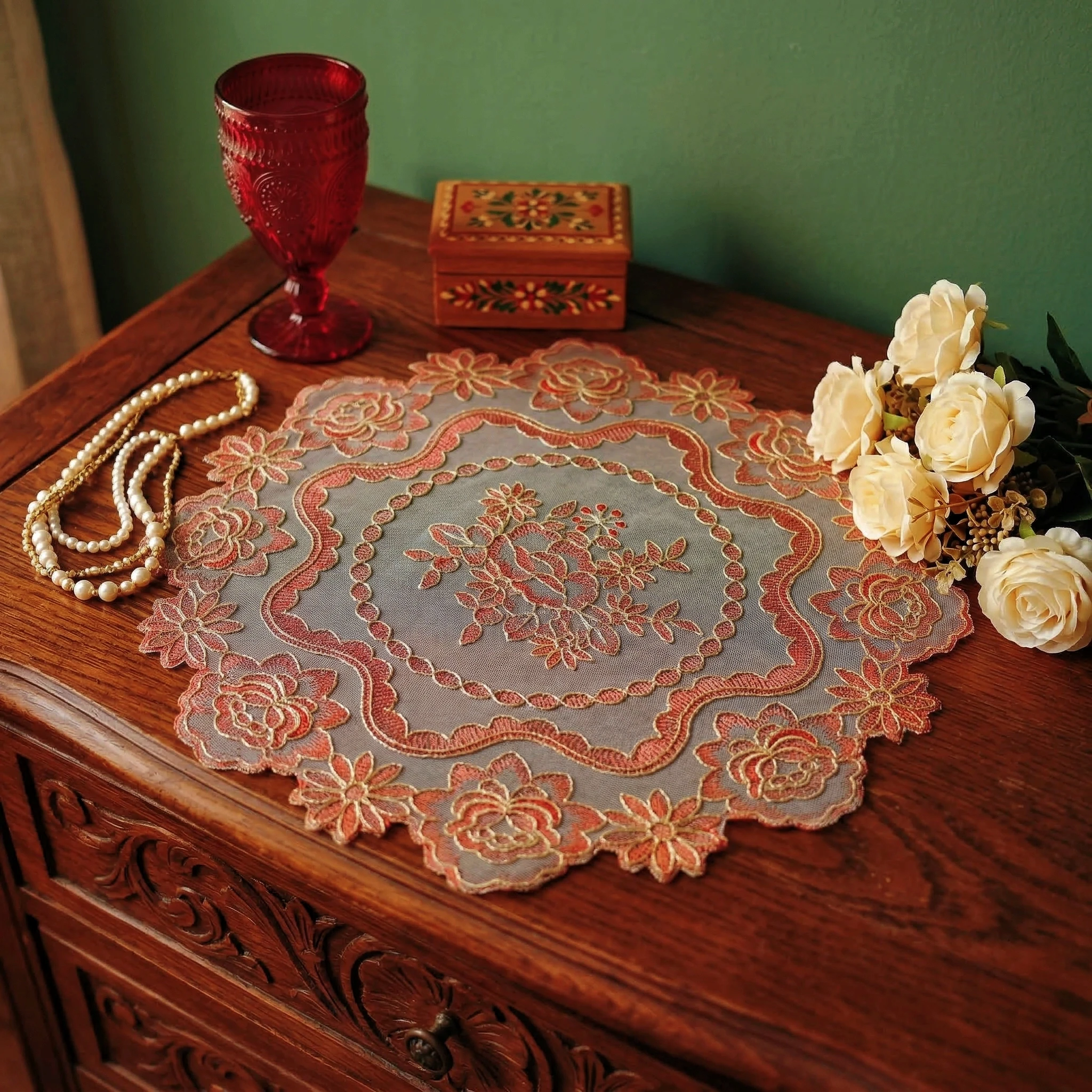 Luxury Red Lace Jacquard Dinner Placemats Set 4pcs Decorative Pink Embroidered Table Mats Cloth Tableware Mat Wedding Decor - view 3