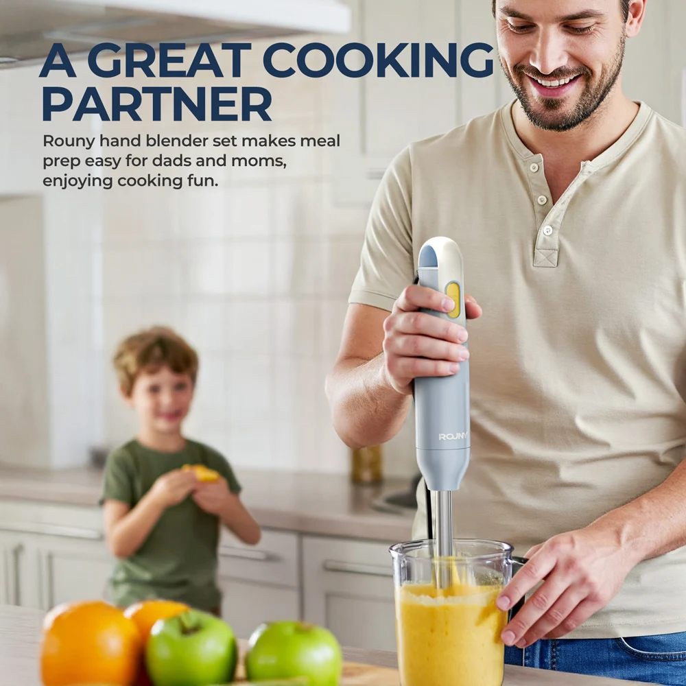 خلاط غاطس محمول من ROUNY مع شفرات من الفولاذ المقاوم للصدأ لخلط طعام المطبخ، خلاط عصا أزرق فاتح، أساسي كلاسيكي