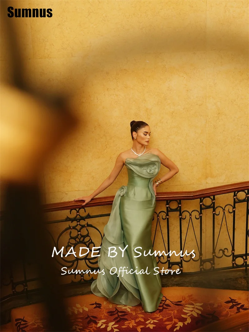 Sumnus 우아한 인어 이브닝 드레스 끈이 없는 3D 꽃 주름 장식 러플 정장 드레스 갈라 فساتين سهرة 맞춤형