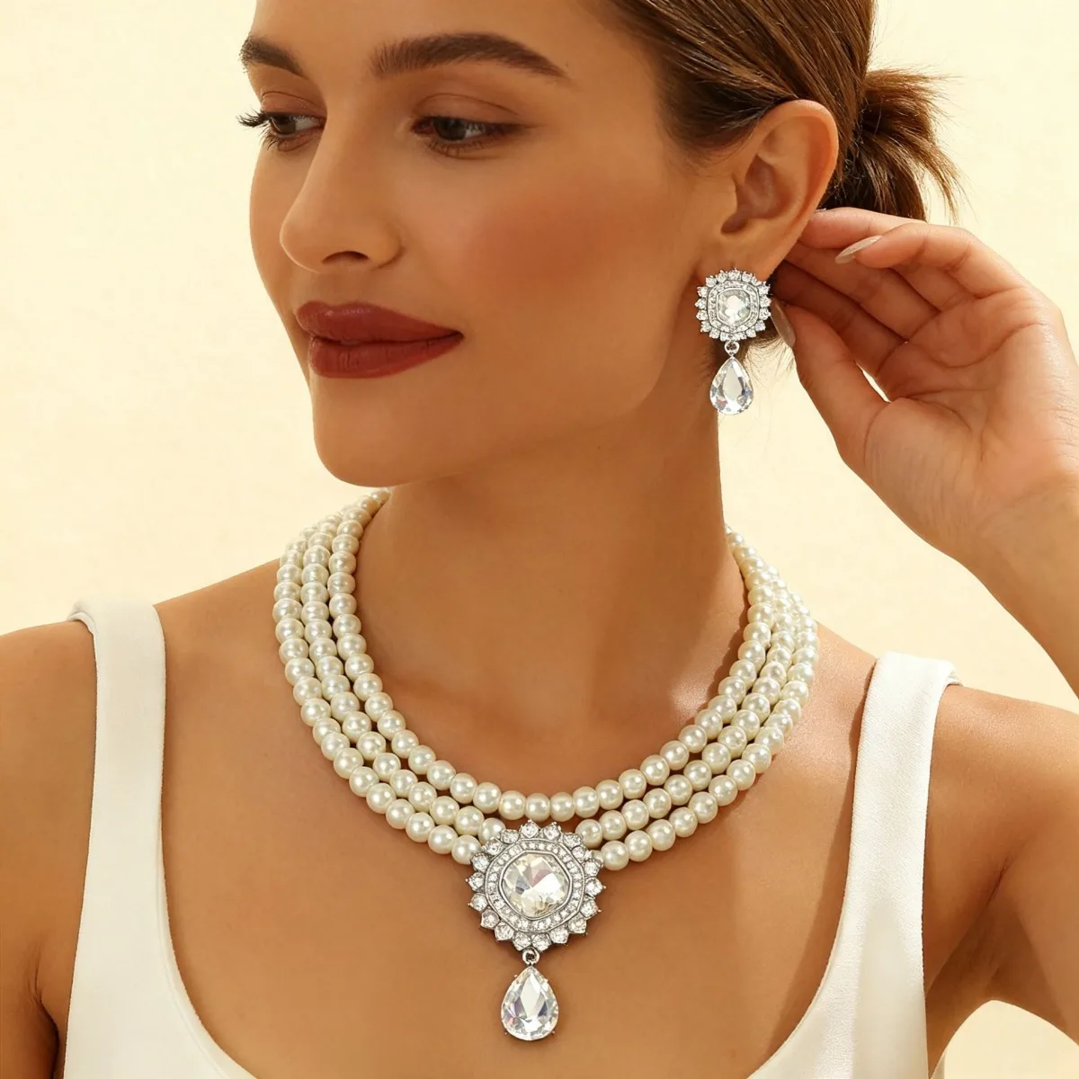 

Triple Strand Pearl Necklace Earrings Set with Crystal Pendant Elegant Bridal Statement Jewelry