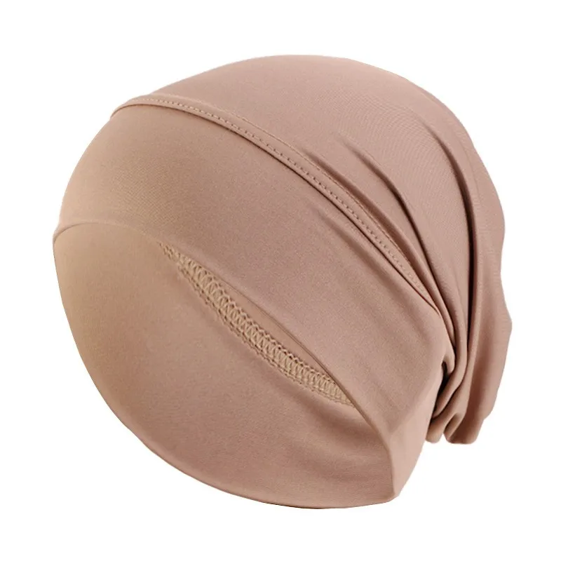 New Ethnic Elastic Headscarf Cap, Solid Color Base Cap for Women