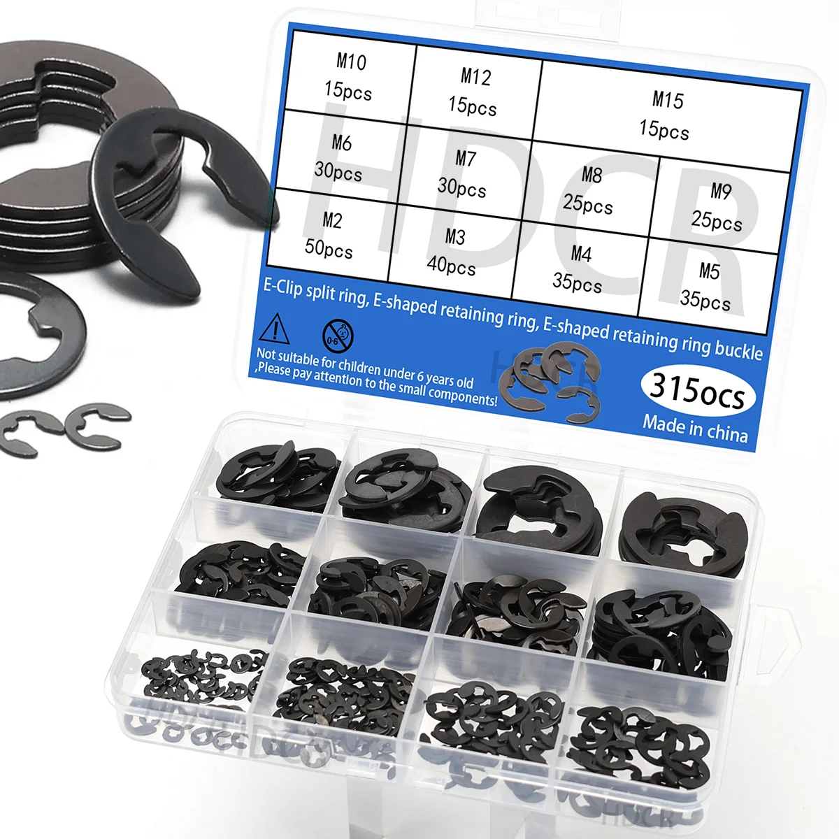 315pcs/E-type open circlips, open buckles, C-type retaining rings, E-type retaining rings for shafts, circlips, black E-type ret