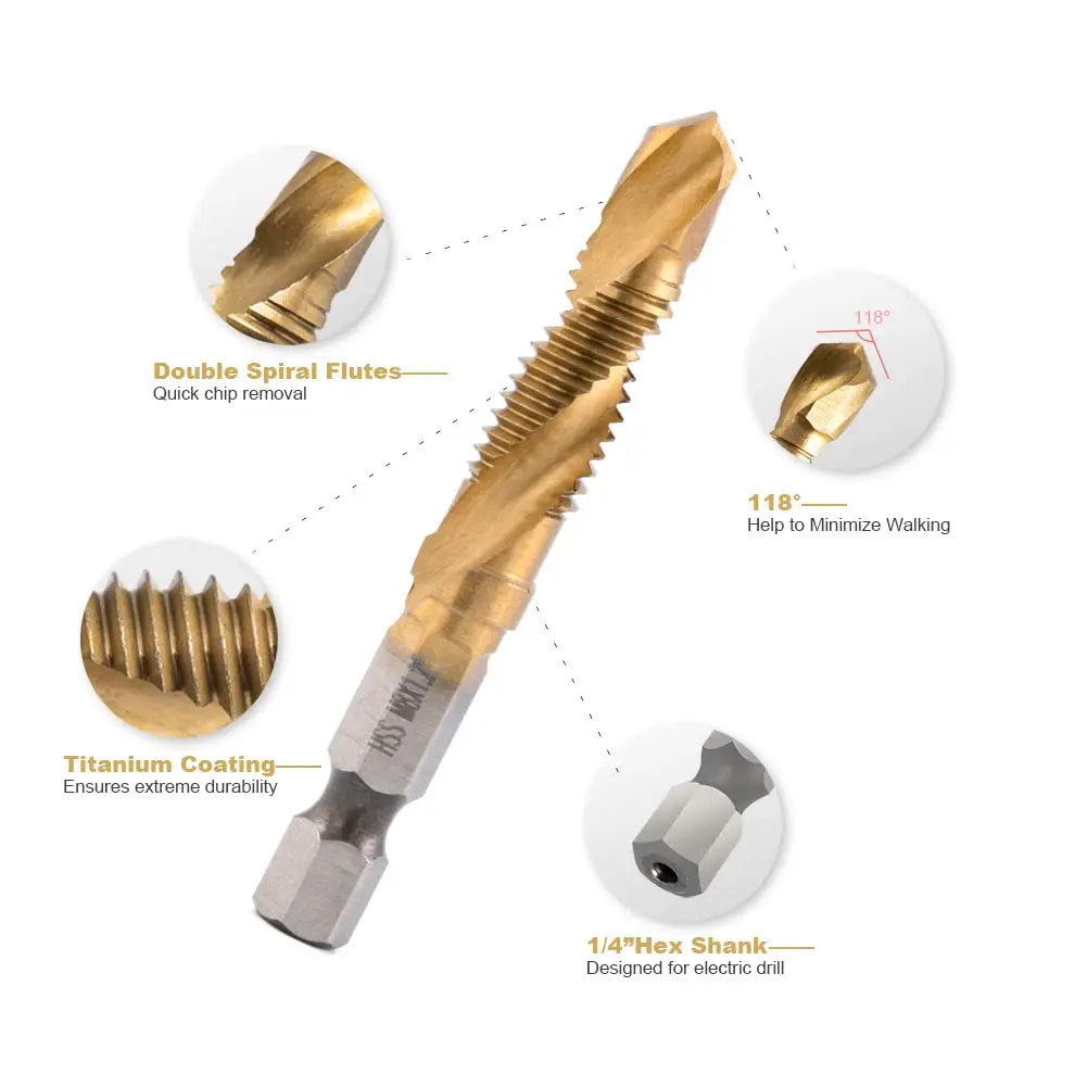 Jeu de forets et de tarauds HSS 6 pièces outil de taraudage plaqué titane en acier rapide pour le perçage du taraud à vis pour le travail du métal et du bois M3-M10