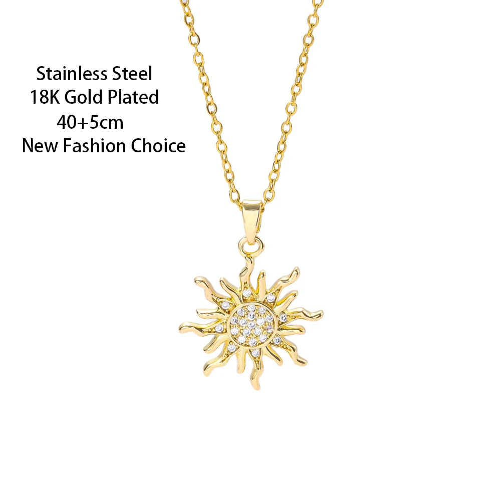 New In 18K Gold Plated Micro Inlaid Zircon Sun Pendant Necklaces For Women Fashion Female Stainless Steel Clavicle Chain Jewelry