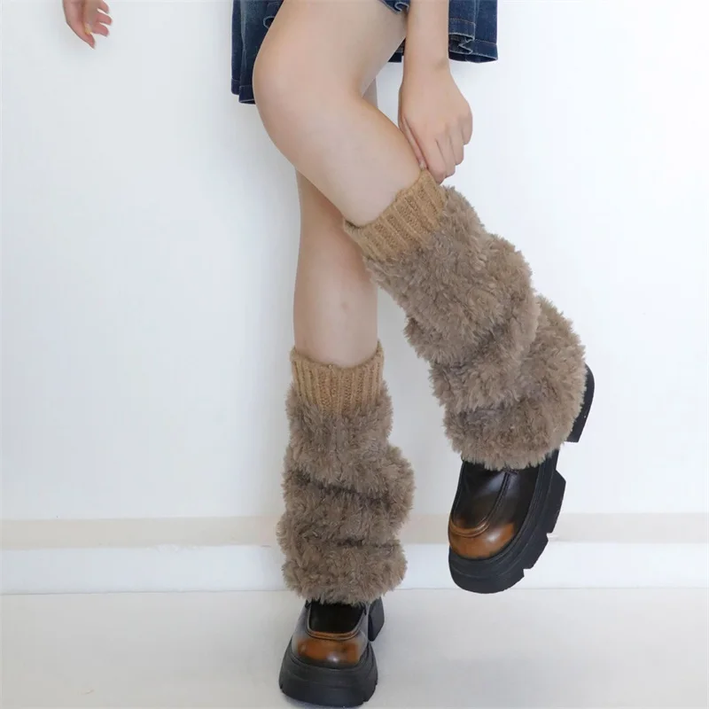 HEZIOWYUN Women's Y2K Harajuku Faux Fur Fuzzy Knitted Leg Warmers Cute Winter Warm Boot Covers with Ribbed Cuffs