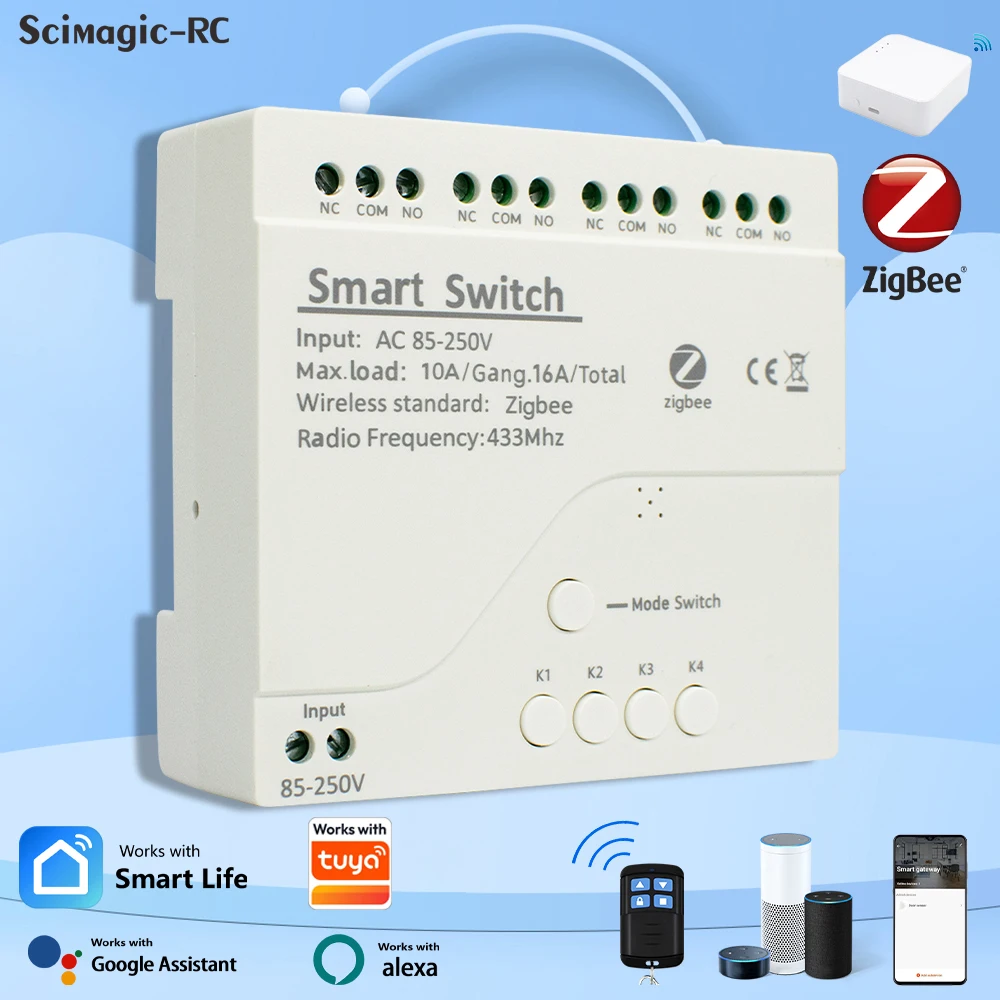 1/2/4CH Zigbee Smart Relaismodul Intelligenter Lichtschalter DC7-32V AC85-250V RF433Mhz Fernbedienung Ein/Aus-Controller Kompatibel mit Tuya