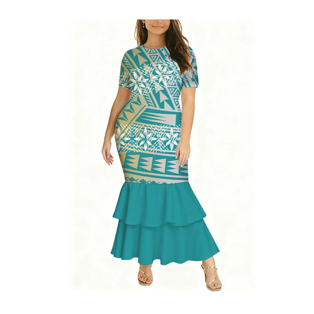 Summer Polynesian Ladies' Round-Neck Short-Sleeved Fitted Fishtail Dress Is Elegant And Stylish Casual Evening Gown