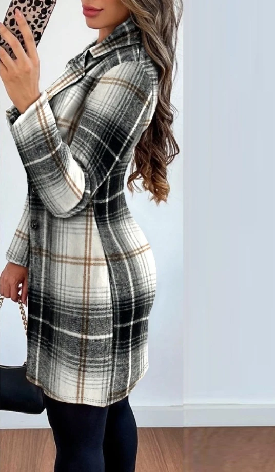 Female Jacket 2023 Autumn Fashion Double Breasted Plaid Print Elegant Long Sleeved Notched Collar Casual Daily Blazer Coat