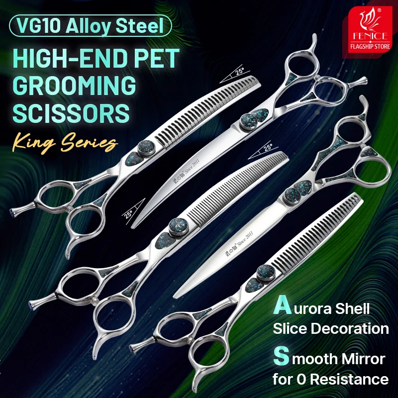 

Fenice High-grade VG10 Steel 7.0/7.5 inch New Design Shells Screw Pet Grooming Scissors Set Shears for Dog Hair-cutting Kit