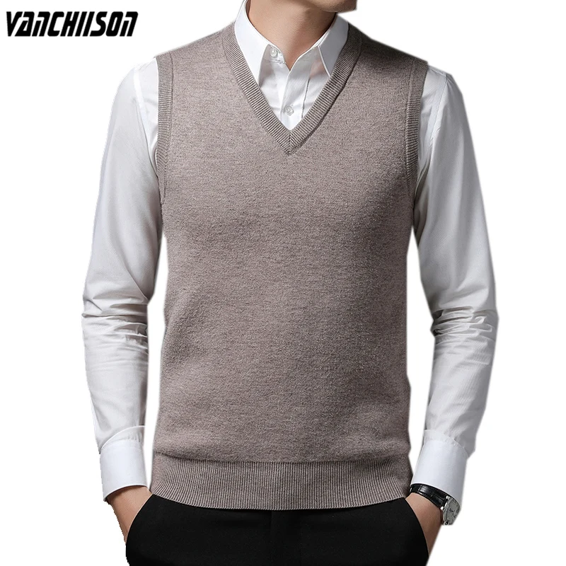 

50% Wool Men Fleeced Knit Tank Sweater Jumpers Sleeveless Thick for Autumn Winter V Neck Male Fashion Casual 00442