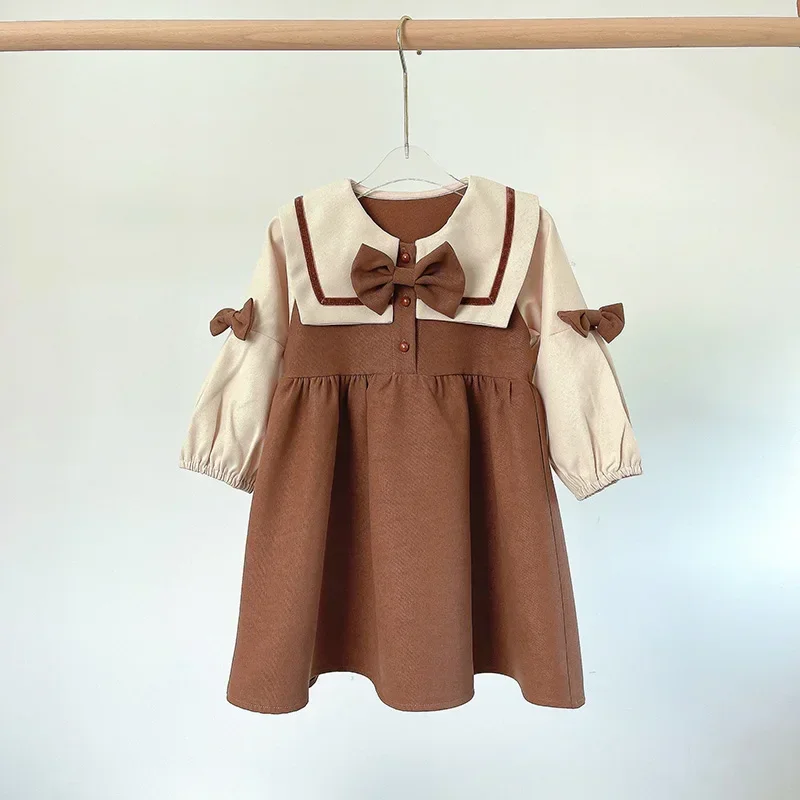 Girls Bow Dress fashion Temperament Baby Princess Dress Spring and Autumn New Korean style Color Block toddler