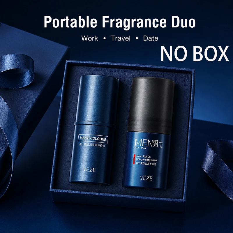2PCS Fragrance Duo para hombre, colonia sólida en barra, loción corporal en roll-on, aroma fresco de larga duración, bálsamo desodorante portátil para hombres