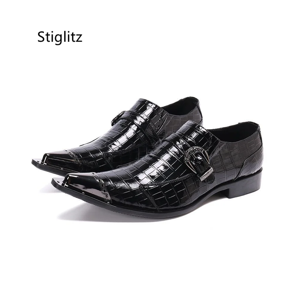 

Belt Buckle Black Leather Shoes for Men Metal Pointed Toe Casual Business Shoes Slip On Gingham Dress Office Wedding Shoes Male