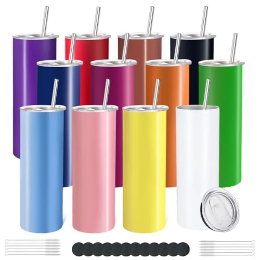 

12 Pack Stainless Steel Skinny Tumblers 20oz - Bulk Straight Double Wall Vacuum Insulated Tumbler with Lid and Straw and Silico