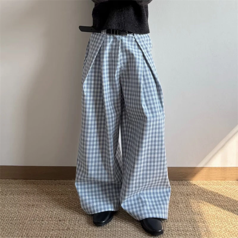 Women's Retro Checkered Pattern Commuting Thin Trousers Baggy High Waist Sweatpants Female Casual Unisex Wide Leg Bottoms