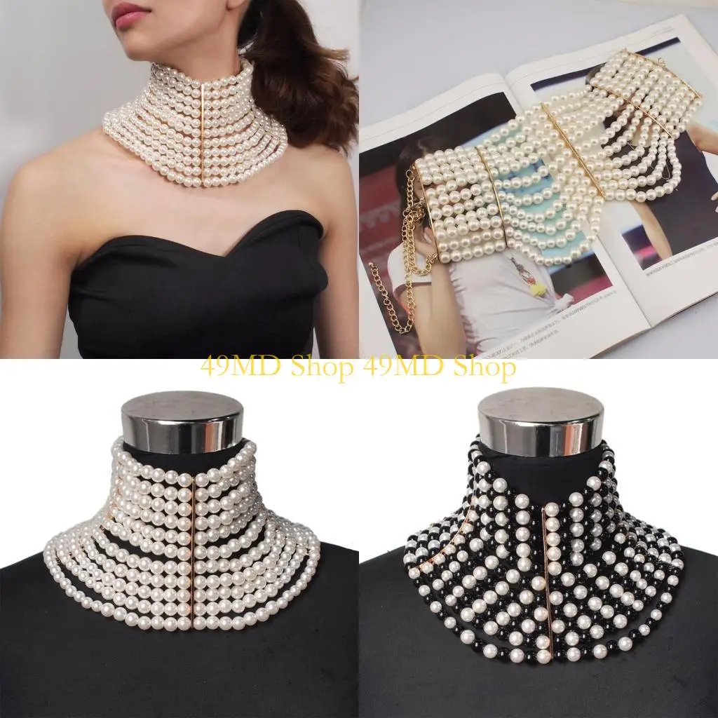 49MD Women Vintage Choker Multi Strands Layered Faux Pearl Jewelry Statement Necklace