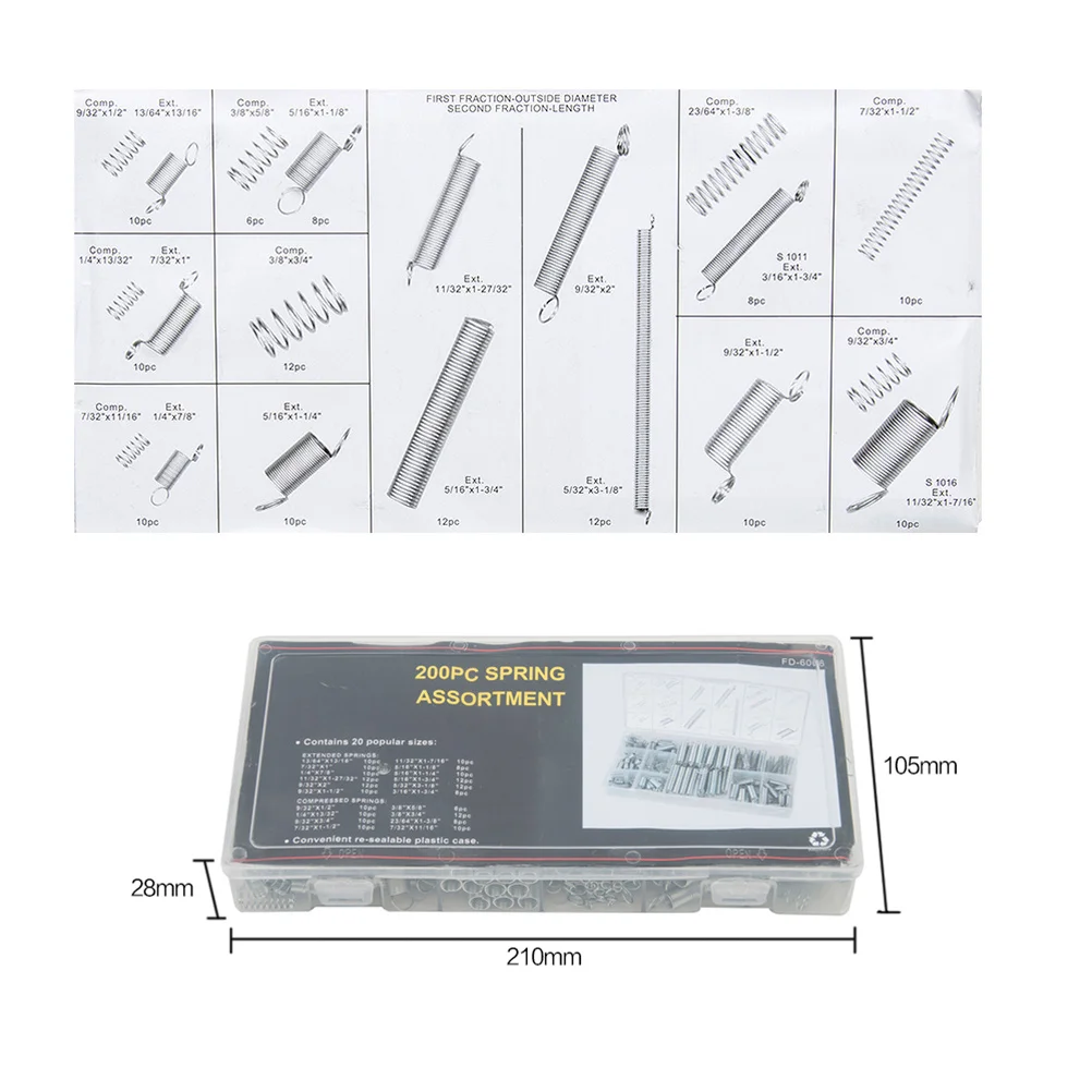 200Pcs Pegas Spiral Galvanis Berbagai Ukuran untuk Mesin Otomotif, Peralatan, Elektronik, Set Pegas Ekstensi