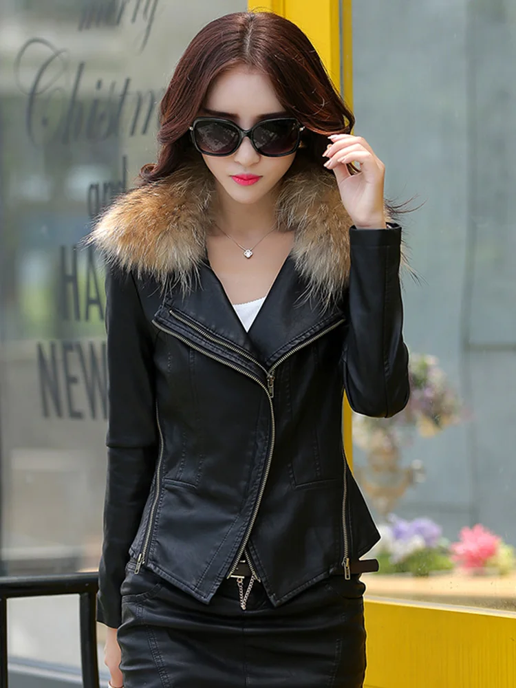 New Women Sheep Leather Jacket Biker Coat Spring Autumn Fashion Real Mink Fur Collar Motorcycle Coat Slim Short Outerwear Female