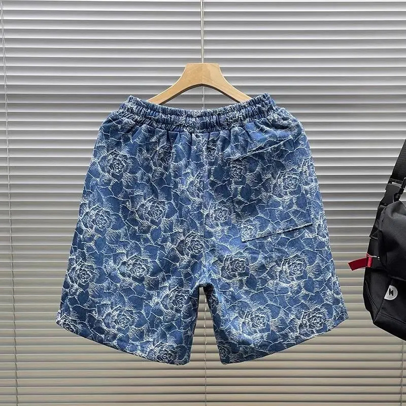 Summer 2025 New Design Floral Embossed Texture Denim Shorts Men's Fashion Casual Knee Length Loose Baggy Breathable Short Pants